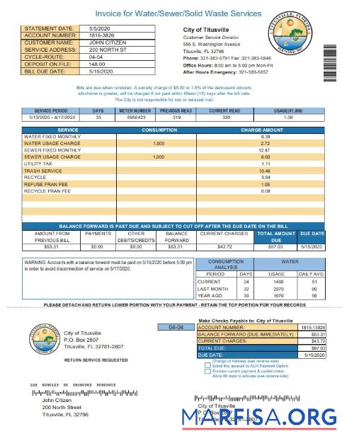 Downloadable USA City of Titusville Florida utility bill template in Word and PDF format (.doc and .pdf)